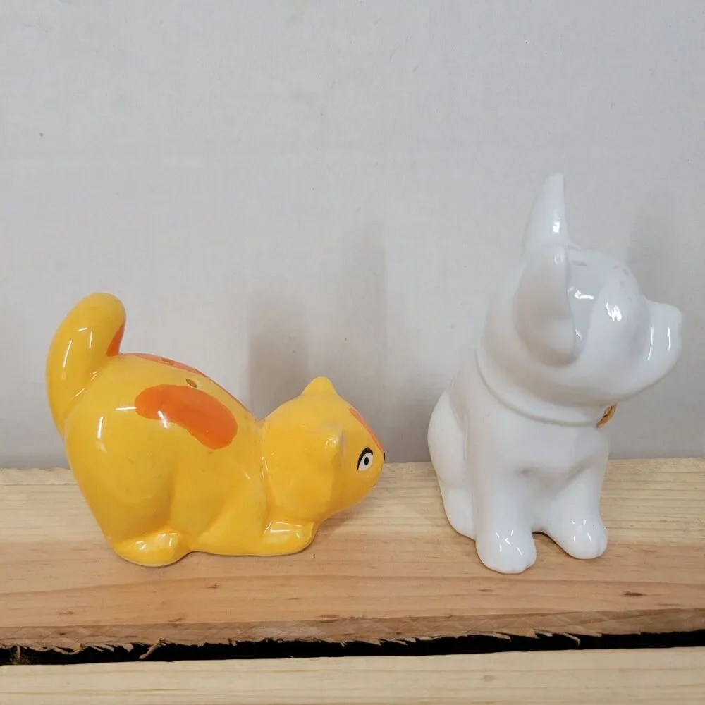 Dog and Cat Salt & Pepper Shakers Ceramic White and Orange